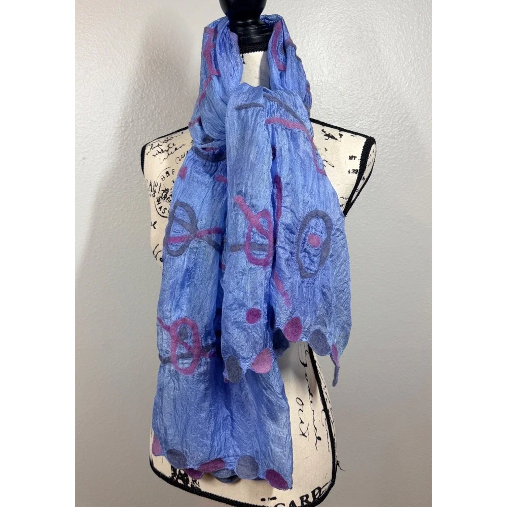 Scarf Women's Silk Blue Silk Nuno Felt Abstract Geometric Art Wearable